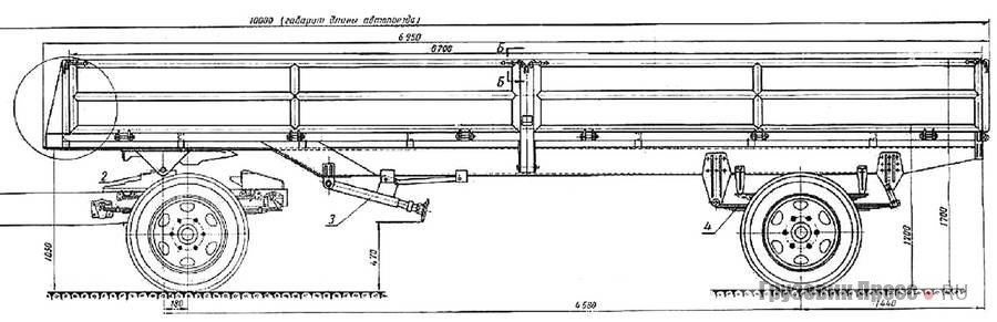 Схема бортового полуприцепа Т-153 для перевозки сантехнических кабин разработки ПКБ «Главмосавтотранса» к «седельнику» ГАЗ-51П