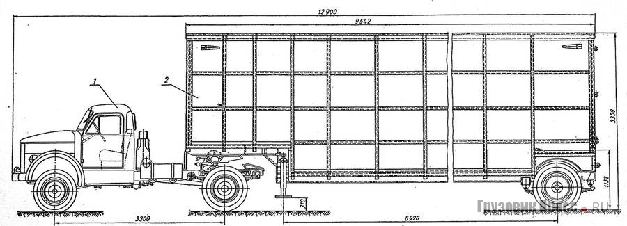 Седельный тягач ГАЗ-63П (1) в паре с низкорамным полуприцепом Т-211 (2). Схема из справочника «Специализированный подвижной состав автомобильного транспорта для промышленных и торговых грузов и коммунально-бытового обслуживания». М., 1971 г.