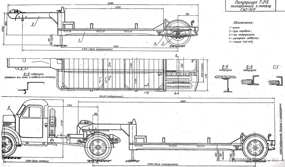 Основные виды и размеры автопоезда в составе тягача ГАЗ-51П и низкорамного полуприцепа Т-213, стандартизированного в ПКБ «Главмосавтотранса»