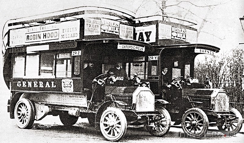 Двухпалубные автобусы Stoewer OS1 28/32 PS с английскими кузовами на службе в транспортной компании London General Omnibus (LGOC). Лондон, 1907 г.