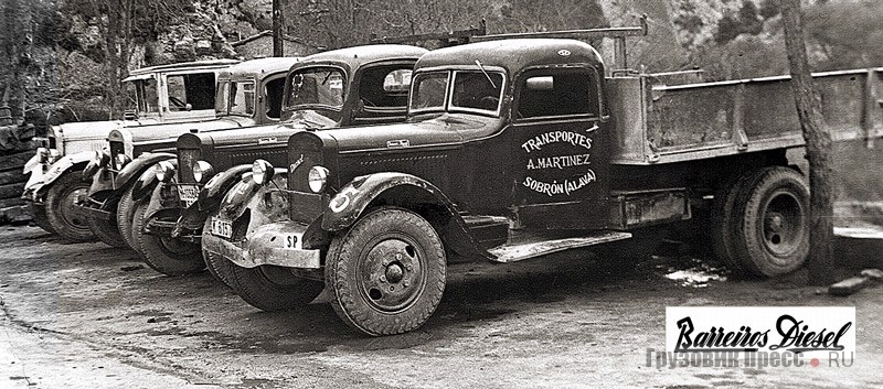 Грузовые автомобили ЗИС-5 в Испании. Слева машина в первозданном виде, справа три грузовика с дизельными моторами ZIS-Barreiros и разными кабинами. 1955 г.