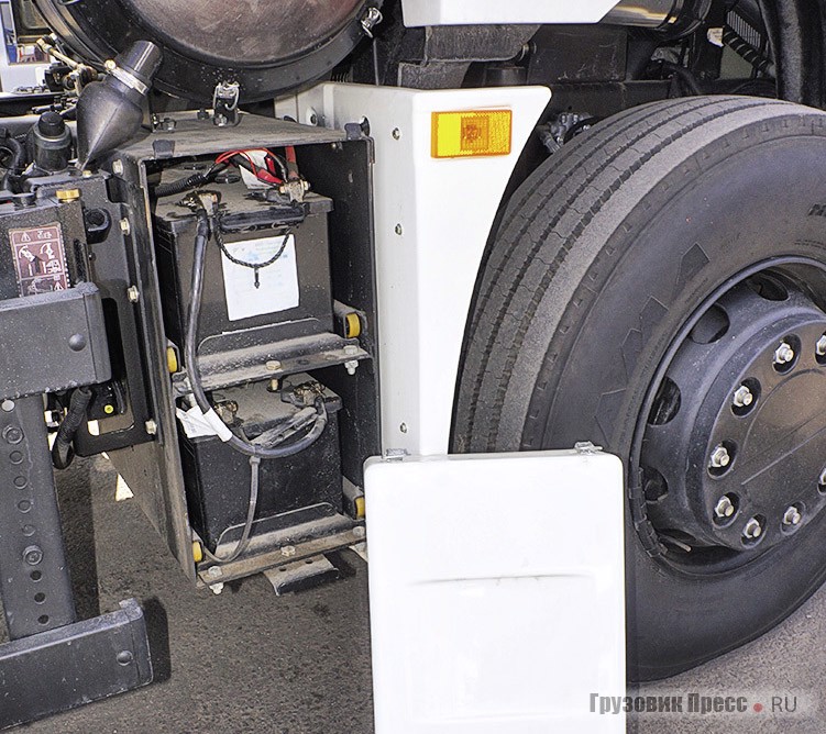 АКБ расположены вертикально, на выдвижных лотках, сразу за передним правым колесом и прикрыты съёмным щитком