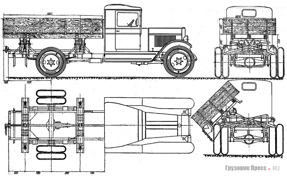 Чертёж ЗИС-5 с самоопрокидывающейся платформой вагонеточного типа системы Казанского. Механический завод МВС, 1934 г.