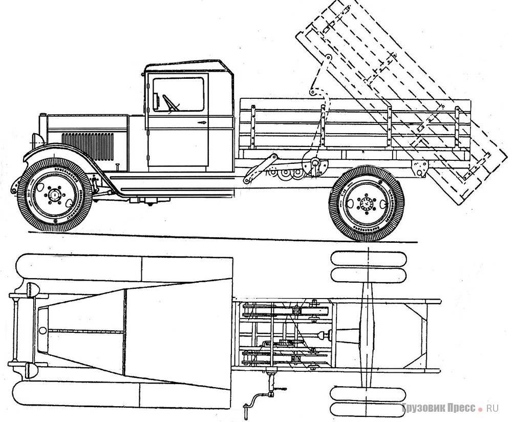 Схема рычажного ручного самосвала на шасси ЗИС-5, изготовленного трестом «Мосавтогруз», 1936 г.