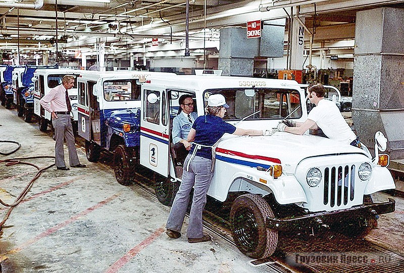 Почтовый Jeep DJ-5A Dispatcher (1968–1970 гг.) на конвейере завода в городе Саут-Бенд, штат Индиана, где когда-то собирали ленд-лизовские грузовики Studebaker. Автомобиль оснащали рядной «четвёркой» Chevrolet и двухступенчатым «автоматом» Powerglide