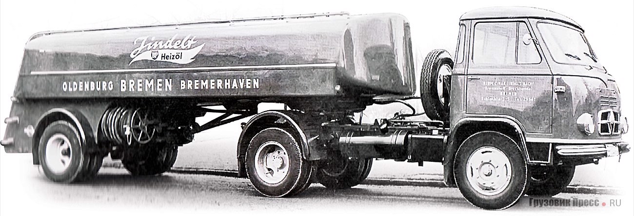 Тягач Borgward B 655 с кабиной и безрамным полуприцепом-цистерной производства фирмы Strüver, 1958 г.