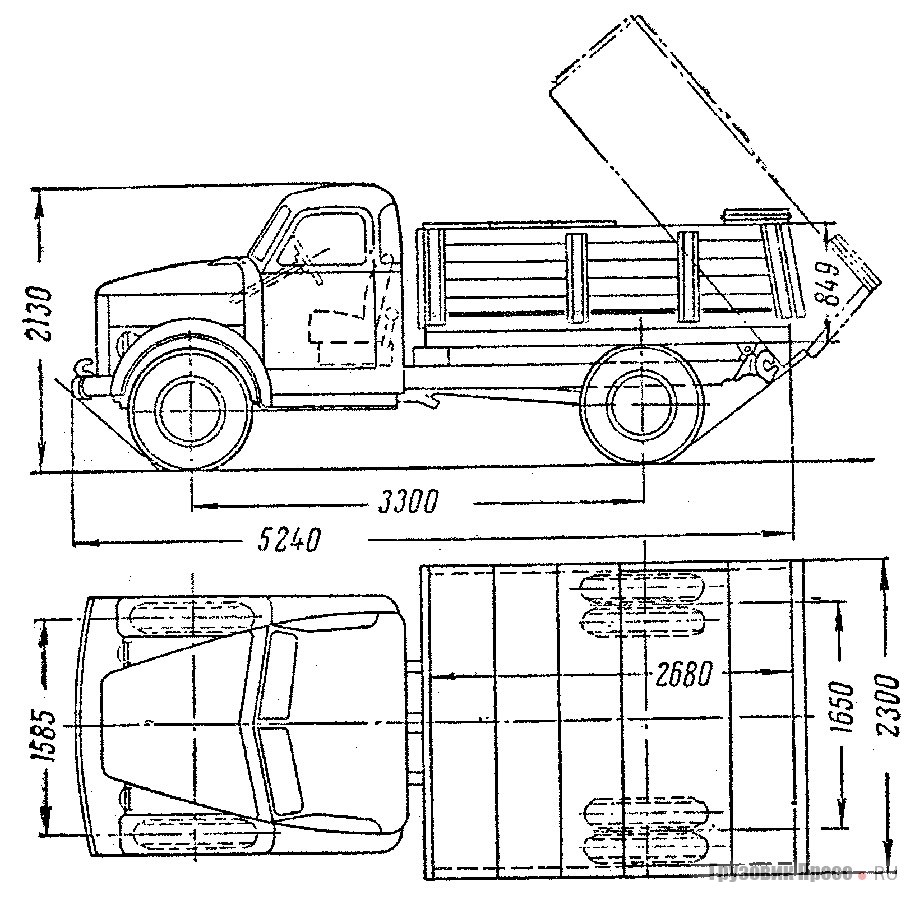 Чертёж-схема серийного самосвала с деревянно-металлическим кузовом ГАЗ-93Д, 1955 г.
