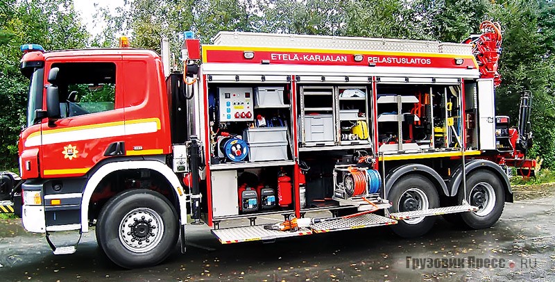 Тяжёлый аварийно-спасательный автомобиль Saurus RSC20 на шасси Scania P400 6x4/4100 CP28 оснащён всем необходимым для работы в зоне техногенных катастроф, включая гидравлический кран-манипуляттор Ferrari 714