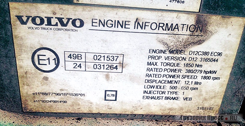 Наклейка на блоке управления двигателем Volvo D12C380 EC96 Volvo FH: рядом с «Е11» (Франция) указаны номера Сообщений об официальном утверждении типа по правилам ЕЭК ООН. Расшифровка: «49» – № Правил, «В» – уровень выбросов, «02» – поправка (редакция) Правил, «1537» – порядковый рег. № Сообщения. Аналогично по строчке с «24». В левом нижнем углу маркировки указан номер Одобрения типа, выданного в Великобритании (е11) по Директиве ЕС 88/77 в редакции 96/1В, где: «В» – уровень выбросов, «1535» – порядковый рег. № Одобрения, «01» – порядковый номер распространения Одобрения (в случае добавления однотипных модификаций). Наклейка свидетельствует о том, что автомобиль относится к классу Euro 2