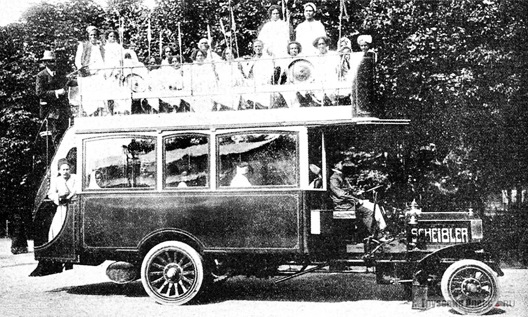 Двухпалубные городские автобусы – доппельдекер Scheibler L58 26,4 PS в Аахене и даблдекер Scheibler L56 36/40 PS в Лондоне, 1907 г.