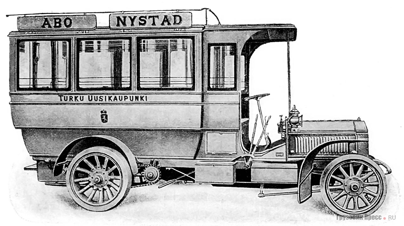 14-местный автобус Scheibler 20/30 HP, курсировавший по маршруту Або (ныне Турку) и Ништад (ныне Уусикаупунки), мог брать дополнительно 15 пудов багажа и почты, 1905–1906 гг.