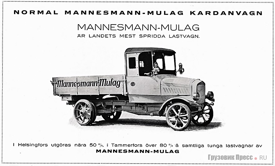 Реклама грузовиков Mannesmann-Mulag LC в Финляндии и Mannesmann-Mulag 5G в СССР, 1924–1925 гг.