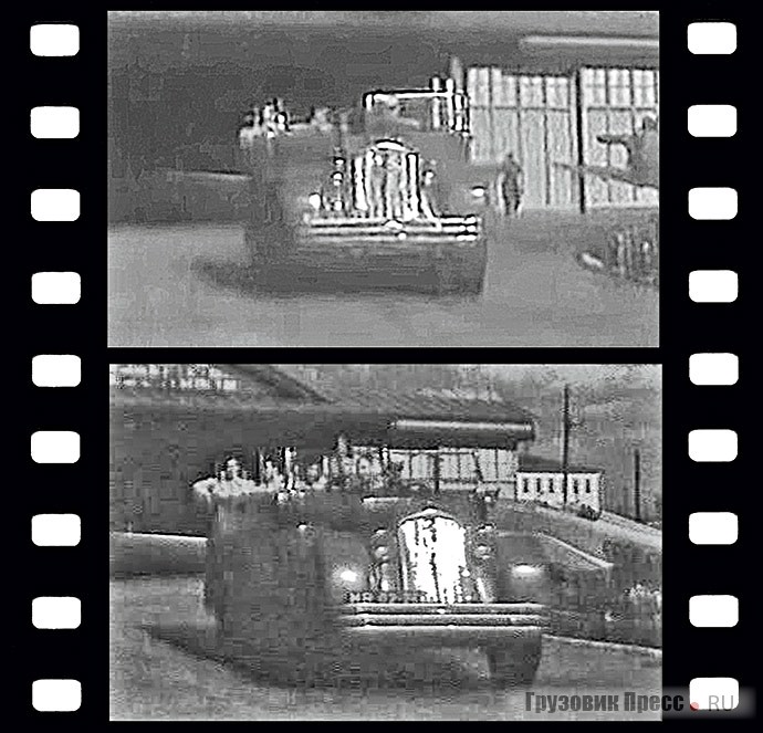 Кадры из кинофильма «Боксёры» с участием второго экземпляра автобуса НАТИ-ЗИС, № МВ 02-… Хорошо видно иное, более старомодное расположение фар. Москва, 1940–1941 гг.