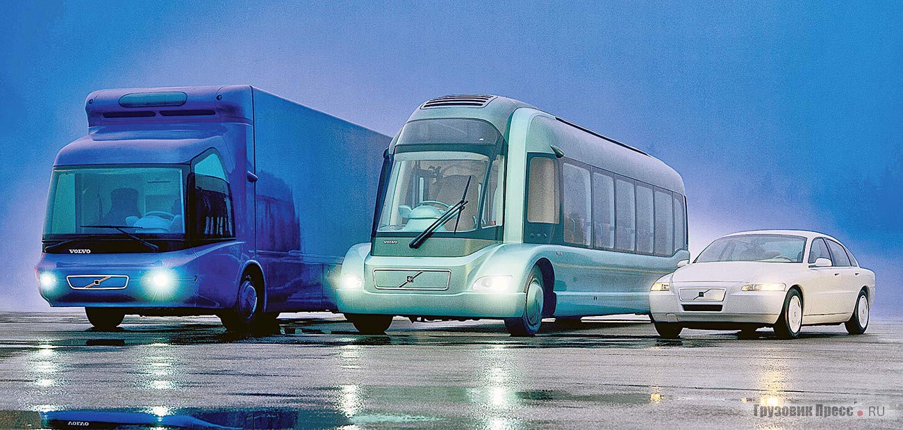 Триада экспериментальных Volvo ECT (Environmental Concept Truck), Volvo ECB (Environmental Concept Bus) и Volvo ECC (Environmental Concept Car) с микротурбинами в качестве силовых агрегатов, 1995 г.