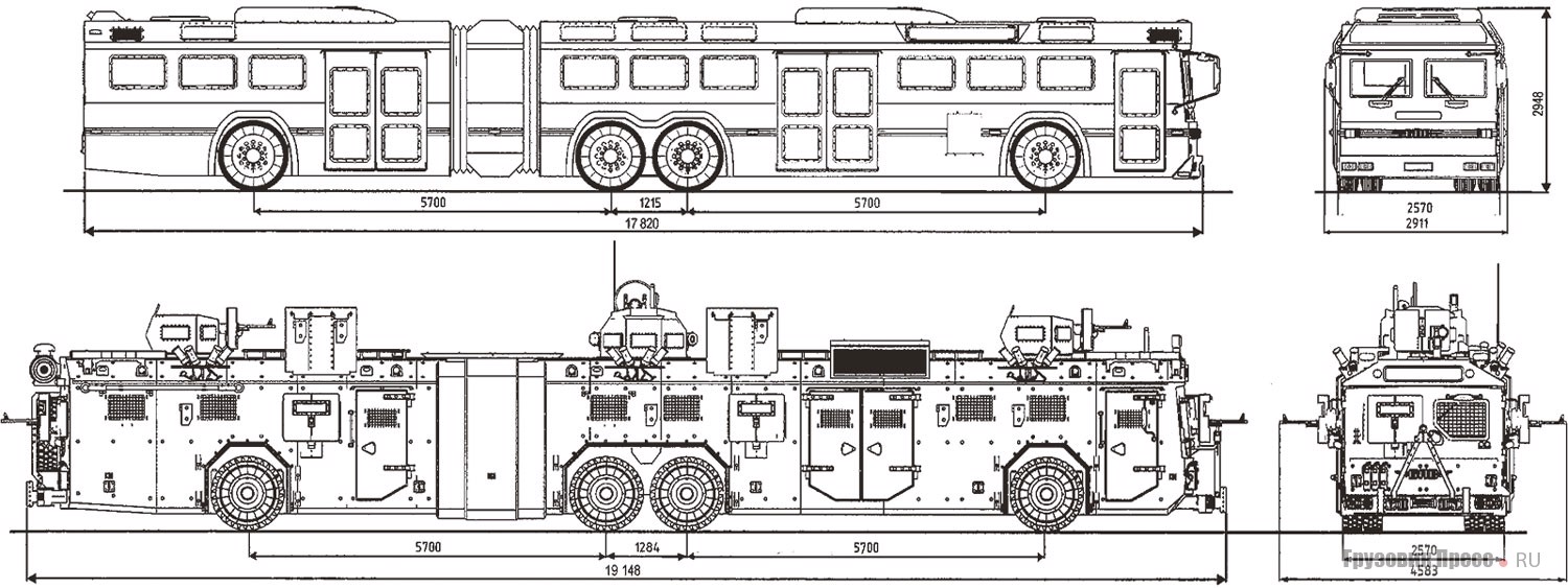 Гражданский (вверху) и военизированный варианты автобусаs