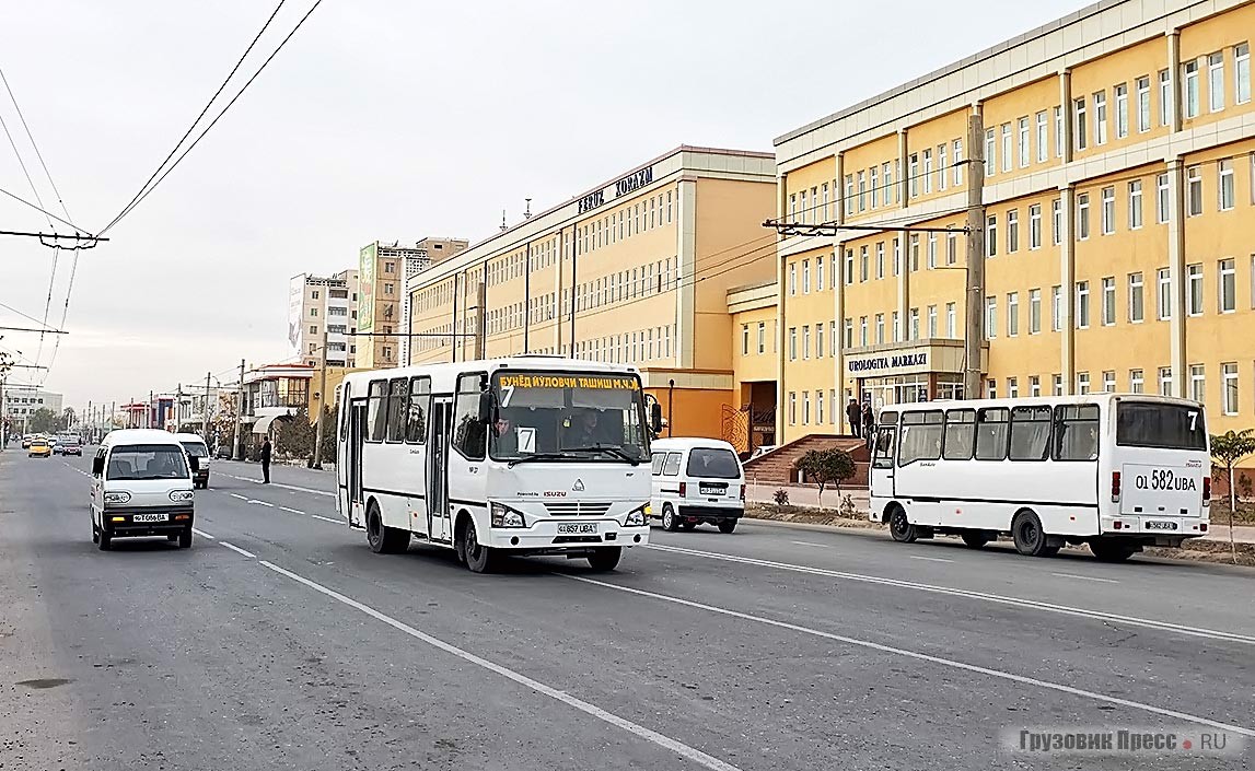 Там, где нет троллейбуса, на помощь пришли автобусы, собранные в Самарканде на заводе Samauto на турецких шасси Isuzu NP. Фактически это самые большие автобусы в местных перевозках