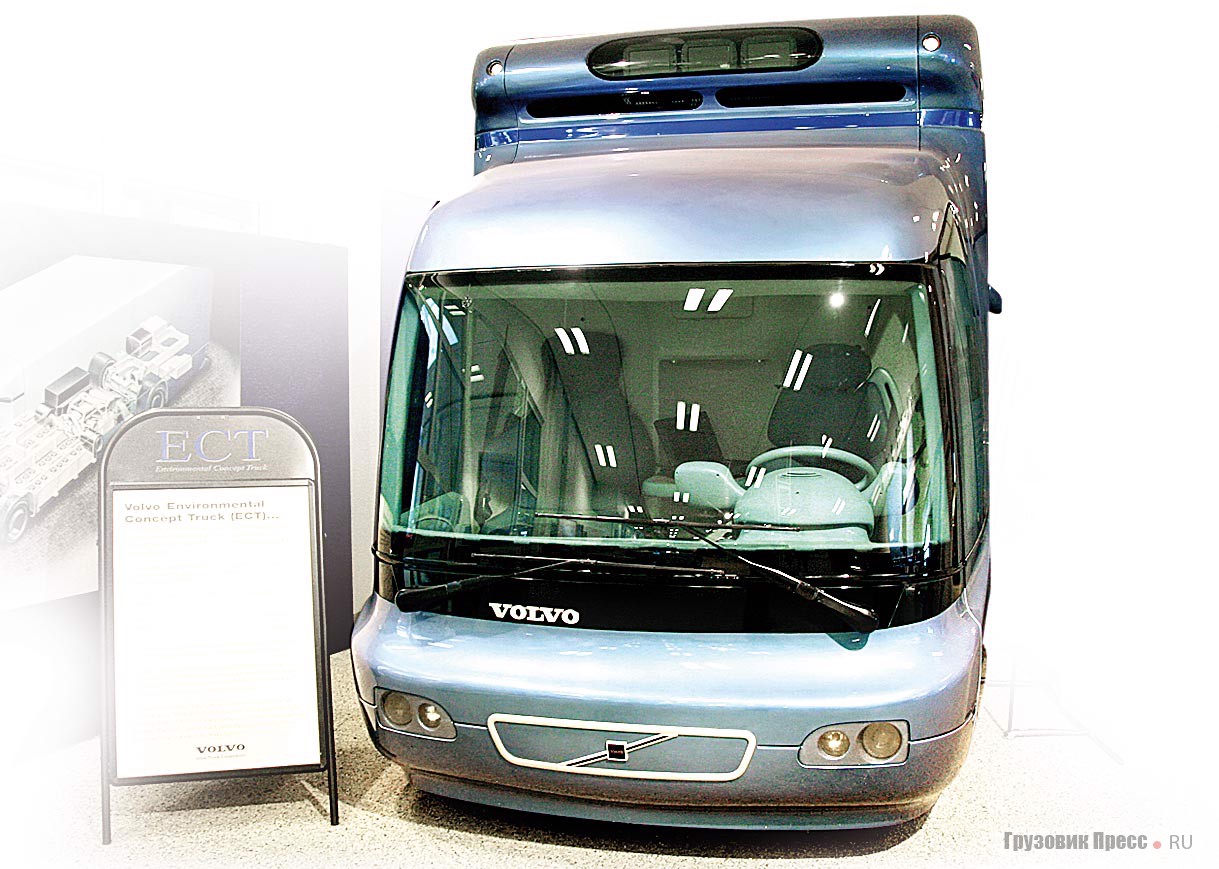 [b]Volvo Environmental Concept Truck (ECT).[/b] Прообраз 15-тонного грузовика будущего для дистрибуции. Гибридный привод состоял из электромотора, питающегося от аккумуляторных батарей, и газовой турбины с высокоскоростным генератором. Суммарная мощность составляла 142 кВт или 190 л.с. Грузовик мог двигаться 25 км с нулевым выбросом. Шасси с активной подвеской и активным рулевым управлением обеспечивало комфортное движение и небольшой радиус поворота за счет управляемых задних колес. Видеокамеры позволили отказаться от наружных зеркал заднего вида. Алюминиевый кузов выполнен по технологии Space Frame