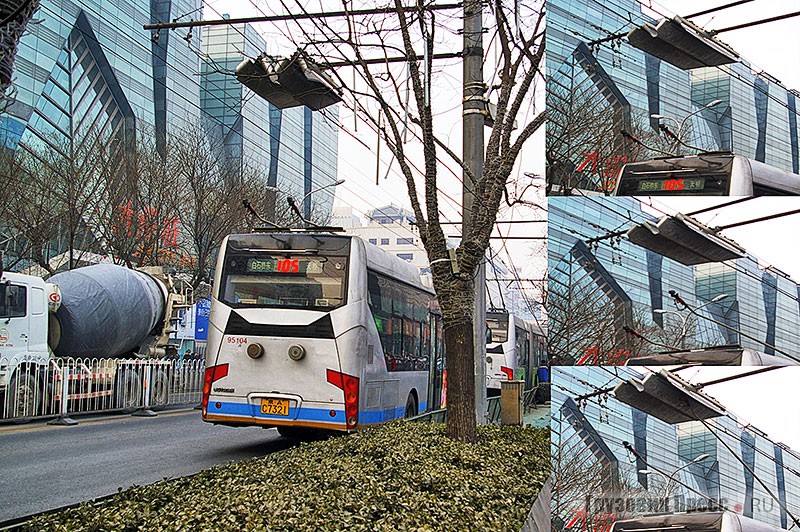 Электробус с динамической подзарядкой подъехал к месту зарядки и поднимает автоматически штанги для зарядки аккумуляторов. Пекин, 2011 г.