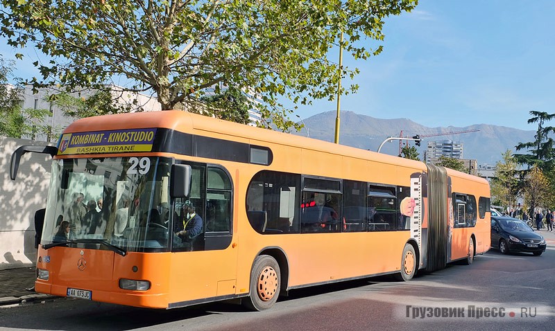 Пожалуй, типично албанский дизайн автобуса с оранжевой гаммой и приколом в виде «гармошки» на сильфоне. Машины Irvine Mercedes-Benz O530G Citaro работают только на голубой линии «Комбинат – Киностудия»