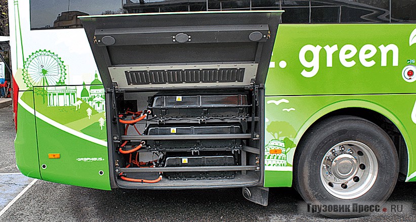 Литий-ионные аккумуляторы расположены в задней части автобуса