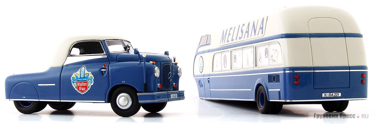 Рекламный автопоезд Mercedes-Benz L 312 Buhne «Melisana» категории Trucks 1:43. Единственный экземпляр машины с полуприцепом-шоурумом был построен в 1956 г. западноберлинской кузовной фирмой Heinrich Buhne для кёльнского фармацевтического предприятия Klosterfrau. В 1963 г. машину перекрасили, написали на борту Melisana (экспортная марка продукции Klosterfrau) и отправили в Испанию
