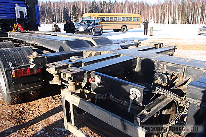 Полуприцеп в сдвинутом состоянии. Хорошо виден пульт управления тормозной системой полуприцепа для возможности выдвижения рамы тягачом автопоезда