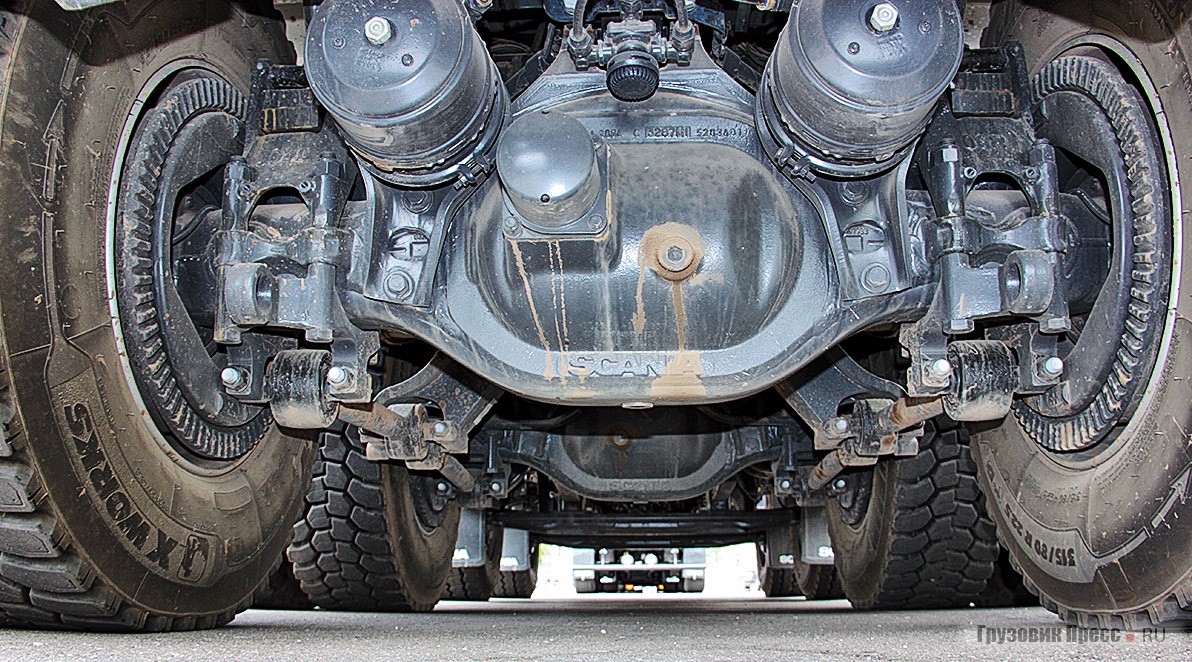 Трансмиссионная перспектива спереди и [b]сзади[/b]. Спереди короткая защита, но картер настолько высоко относительно балки, что ему ничего не угрожает, а размеры «чулков» ведущих мостов сами говорят о своей грузоподъёмности, ещё виден традиционный «сканиевский» трансмиссионный масляный фильтр