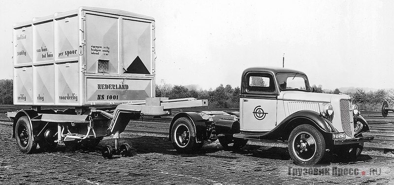 Первый в мире полуприцеп-контейнеровоз DAF с автономной погрузкой и разгрузкой установленного на роликах контейнера. Седельный тягач марки Ford. 1936 г.
