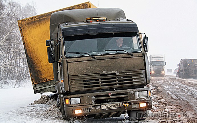 Вытягивание застрявшего на неукреплённой обочине КАМАЗа