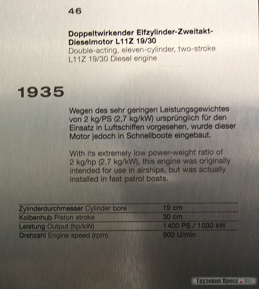 Огромных размеров 11-цилиндровый двухтактный [b]дизель L11Z 19/30 1935 г.[/b] для быстроходных патрульных судов развивал максимальную мощность 1400 л.с. при 900 мин[sup]–1[/sup]. Диаметр цилиндра 190 мм и ход поршня 300 мм. Удельная мощность равнялась 2 кг/ л.с., или 2,7 кг/ кВт