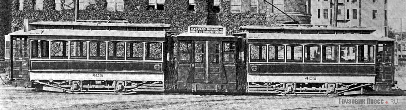 В начале XX в. в США на линиях с большим пассажиропотоком появляются «двухкомнатные» сочленённые трамваи конструкции Брюера и Кребиля. Кливленд (шт. Огайо). 1912 г.