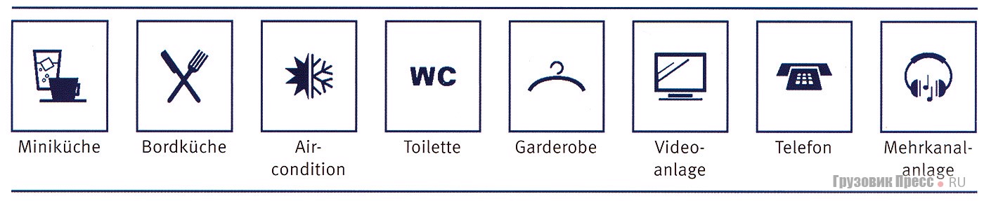 [b]Символика на туристских лайнерах:[/b] [b]Мини-кухня[/b] (кофе-машина, сосисочная. [b]Бортовая кухня[/b] (мойка, СВЧ-печь, гриль). [b]Система кондиционирования воздуха[/b] (в т.ч. климатроник). [b]Туалет[/b] (водяной или биотуалет с рукомойником). [b]Гардероб[/b] (отсек с вешалками для верхней одежды). [b]Видеоустановка[/b] (видеоплеер, DVD-проигрыватель). [b]Телефон[/b] (беспроводная связь). [b]Многоканальное устройство[/b] (подводка к каждому месту)