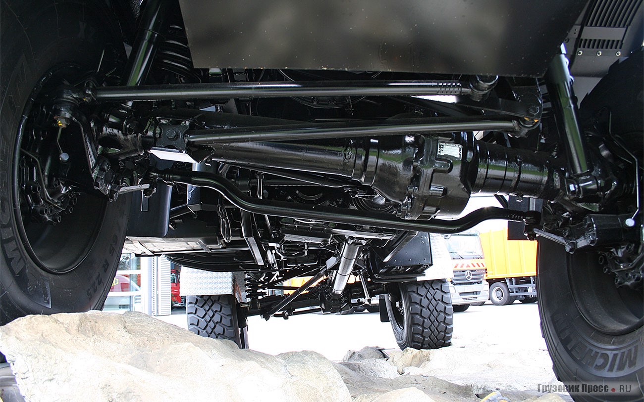 [b]Unimog U5000 (4х4), 2001 г.[/b] <br />Флагман серии 437,4, модель U5000 с металлической бортовой платформой фирмы Empl из Кальтенбаха (Австрия). Габариты: 6010х2340х2830 мм, колесная база 3850 мм, кузов длиной 4100 мм, колея 1926 мм. Дорожный просвет 480 мм, угол въезда 48°, угол съезда 54°. Диаметр разворота 16,5 м. Представлен на выставке IAA в Ганновере. Оснащен 4-цилиндровым рядным двигателем Mercedes-Benz OM 924 LA рабочим объемом 4801 см[sup]3[/sup] и мощностью 218 л.с./ 160 кВт. Собственная масса 5300 кг, допустимая полная – 14 100 кг.