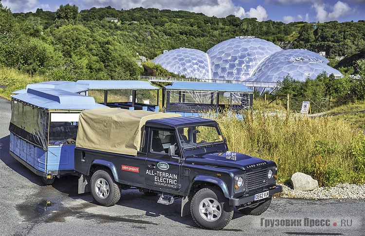 Land Rover Defender 110 Electric с электромотором мощностью 70 кВт и литий-ионной батареей ёмкостью 27 кВт·ч работает тягачом прогулочного автопоезда в «проекте Эдем». 2013 г.