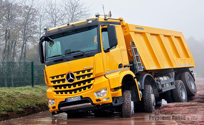 Самосвал MEILLER для общестроительных работ. Базовое шасси  Mercedes-Benz Arocs 4151 8х4 Euro 6 демонстрирует уникальную геометрическую проходимость