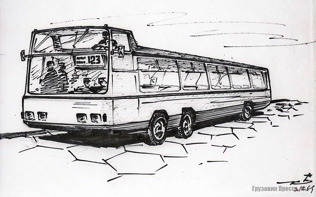 Несмотря на выступающую над крышей кабину, НАМИ-0159 был на 200 мм ниже троллейбуса ЗИУ-5 с опущенными штангами. Эскиз В.Д. Куранова