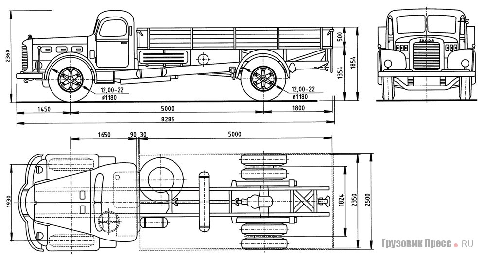 Основные виды и габаритные размеры грузового автомобиля Skoda-706R 1954-1957 гг. выпуска