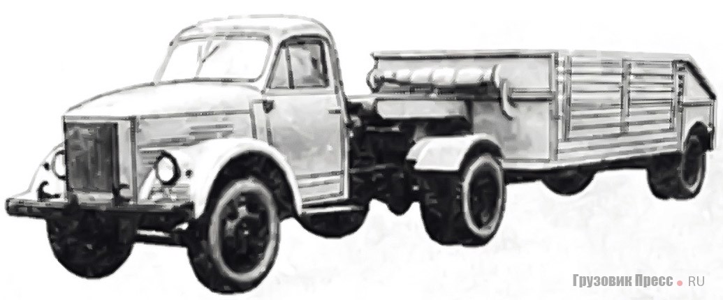 Седельный тягач ГАЗ-51П (раннего выпуска) в паре с низкорамным универсальным полуприцепом производства кадиевского автотреста Луганского СНХ. Украина, начало 1960-х
