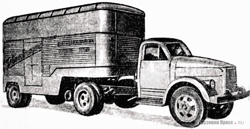 Автопоезд в составе раннего ГАЗ-51П и полуприцепа-фургона ПАЗ-744 увеличенной высоты для перевозки легковесных грузов и мебели. Москва, 1958 г.