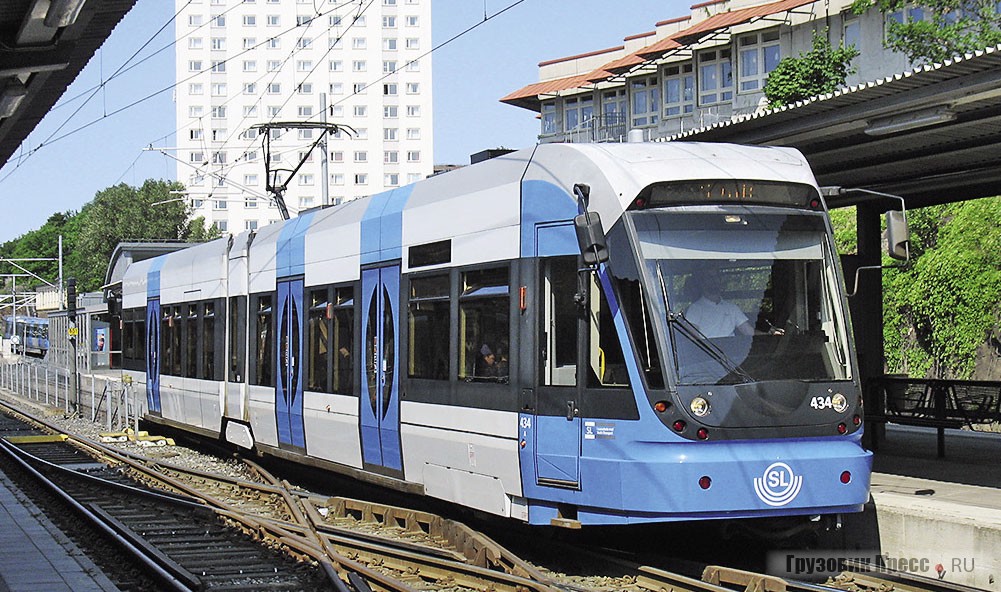 Стокгольмский Bombardier Flexity Swift состоит из трёх секций. Средняя короткая низкопольная установлена на опорную тележку. Крайние – с повышенным уровнем пола над моторными поворотными тележками