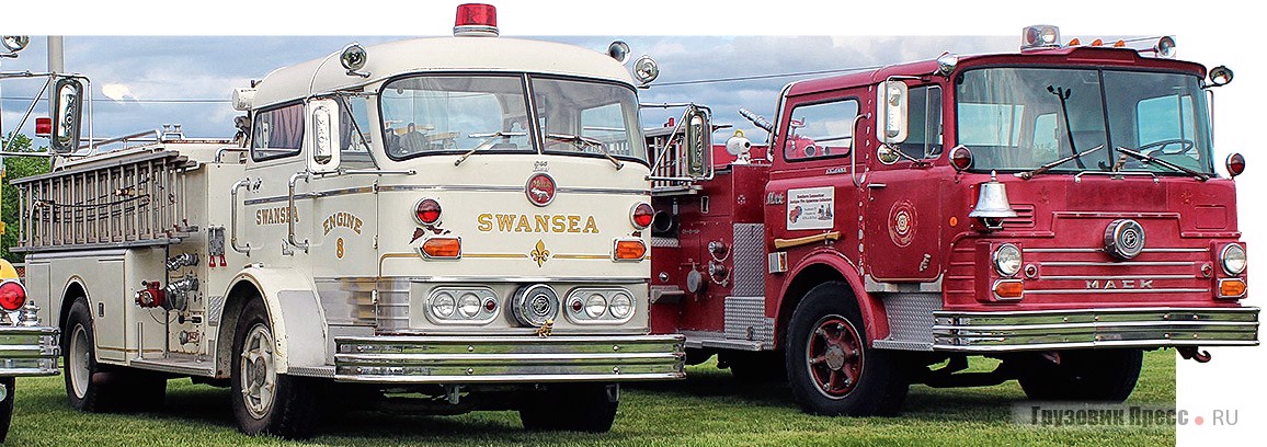 Первая бескапотная пожарная модель Mack C-85 (слева) и популярная СF-600 (справа)