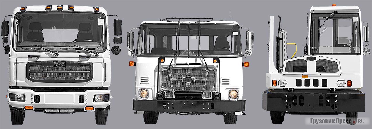 Современная линейка 2019 г. Слева – коммунальное шасси Autocar Xpert SCMD (4х2, 6х4) для вакуумно-уборочных машин и средних кузовных мусоровозов с задней загрузкой. В центре – тяжёлое шасси Autocar Xpeditor SCMD (4х2, 6х4, 8х4) для аэродромных подъёмников и топливозаправщиков, автогидроподъёмников и бетононасосов, больших кузовных мусоровозов с фронтальной или задней загрузкой. Справа – терминальный тягач Autocar АСTT доступный с колёсными формулами 4х2, 6х4