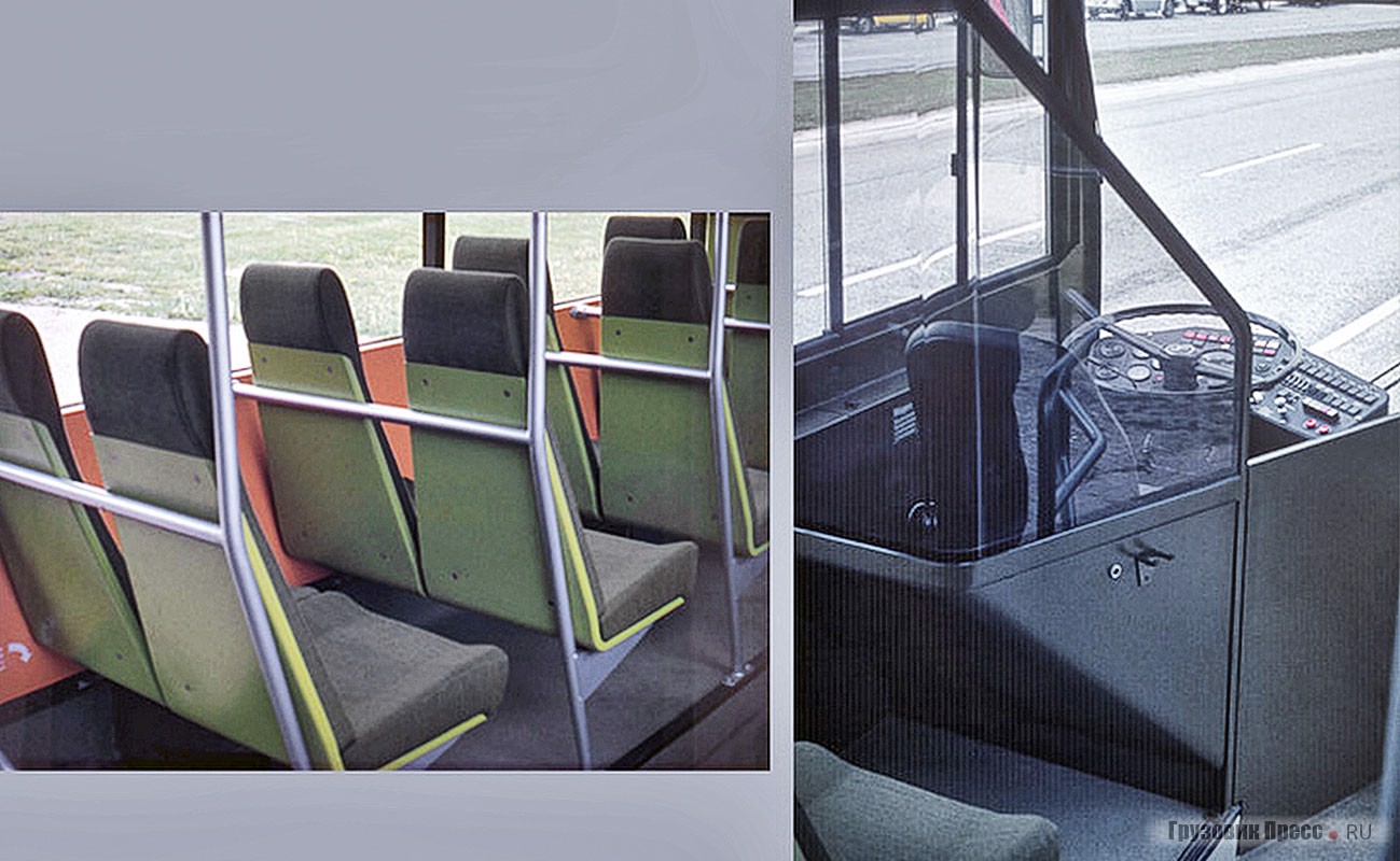 Салон автобуса Typ FFG Prototyp VÖV-Bus II. На смену традиционным диванам пришли сиденья из стеклопластика с использованием пенопласта вместо привычного поролона и обшитые тканью. Рабочую зону водителя отделяла стеклянная перегородка