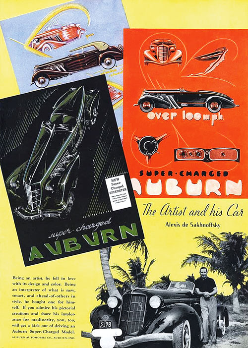 Историки до сих пор спорят, создал ли Сахновский эффектный дизайн Auburn Speedster 1935 г. или просто нарисовал несколько реклам по заказу Auburn-Cord Corporation. Сам Алексей Владимирович на сей счёт был категоричен