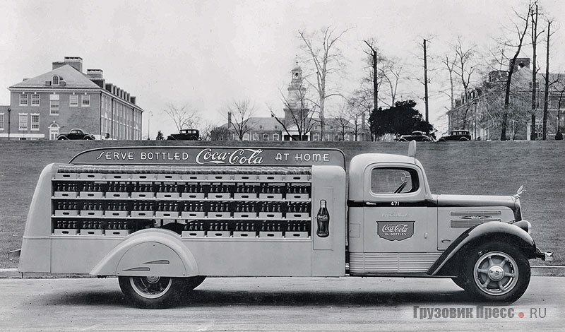 Развозной грузовик White model 700 для Coca-Cola с кузовом по эскизам Сахновского. Выбор шасси отнюдь не случаен: некоторое время и The Сoca-Cola Company, и White Motor Co. руководил один человек, Роберт Вудроф