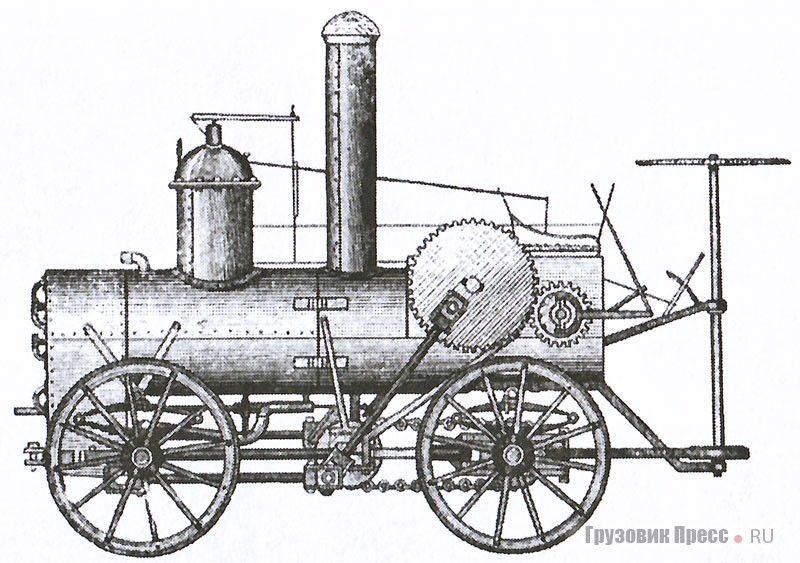 Эскиз полноприводного «паровоза для езды по обыкновенным дорогам» конструкции А. Врадия. 1863 г.