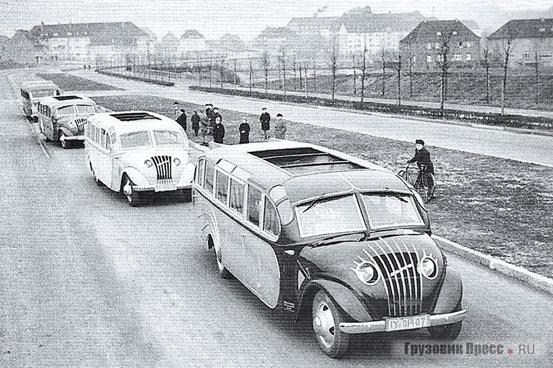 Автобусы Opel Blitz с аэродинамическими кузовами Ludewig на улицах Эссена, их называли «Дорожными дирижаблями» (Straßenzep – акроним от слов Straße и Zeppelin). 1936 г.