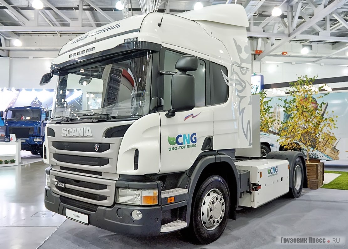 Седельный тягач Scania P340LA 4x2 HNA. 8 стальных баллонов размещены не за кабиной, как у аналогов, а по бокам рамы, и их суммарная вместимость достигает 824 л