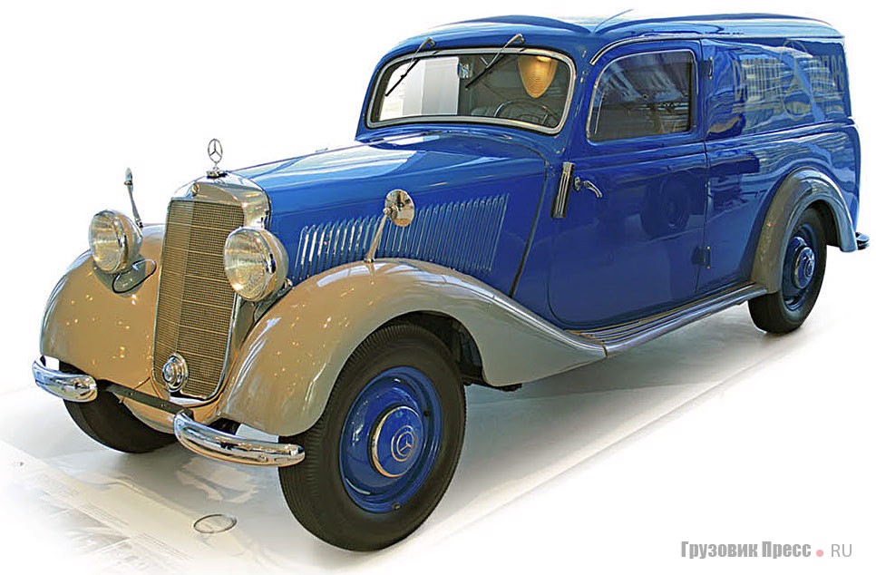 [b]1952 г. Mercedes-Benz 170 V Kastenwagen[/b]<br /> Обеспечивал сервисную поддержку клиентов. Часто на его шасси устанавливали кузова других производителей. Данный экземпляр обслуживал заказы при заводе в Зиндельфингене. Грузоподъемность – 500 кг. Двигатель 4-цилиндровый рядный объемом 1767 см[sup]3[/sup] мощностью 45 л.с. при 3600 мин[sup]-1[/sup]. Максимальная скорость – 110 км/ч
