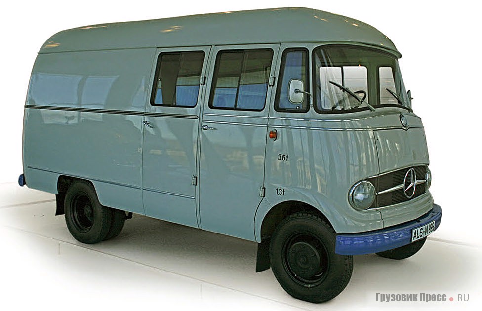 [b]1965 г. Mercedes-Benz L 406 Kastenwagen[/b]<br /> Легкий фургон грузоподъемностью 1625 кг базировался на платформе модели L 319, выпускавшейся в Германии с 1955 года. Стал основоположником модельного ряда развозных фургонов. Двигатель 4-цилиндровый рядный объемом 1988 см[sup]3[/sup] мощностью 55 л.с. при 4340 мин[sup]-1[/sup]. Максимальная скорость достигала 98 км/ч. Серийное производство: 1965–1968 гг., суммарный объем – 123 тыс. экземпляров, в том числе 115 тыс. единиц с рядными дизельными двигателями